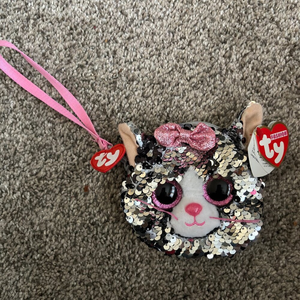 Fashion TY Sequined KIKI Kitty Kitty August 16th Birthday Change Clutch Purse
